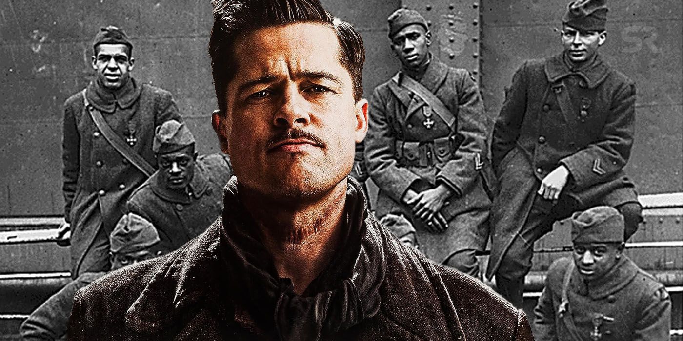 Brad Pitt's Aldo Raine standing in front of a platoon of Black soldiers