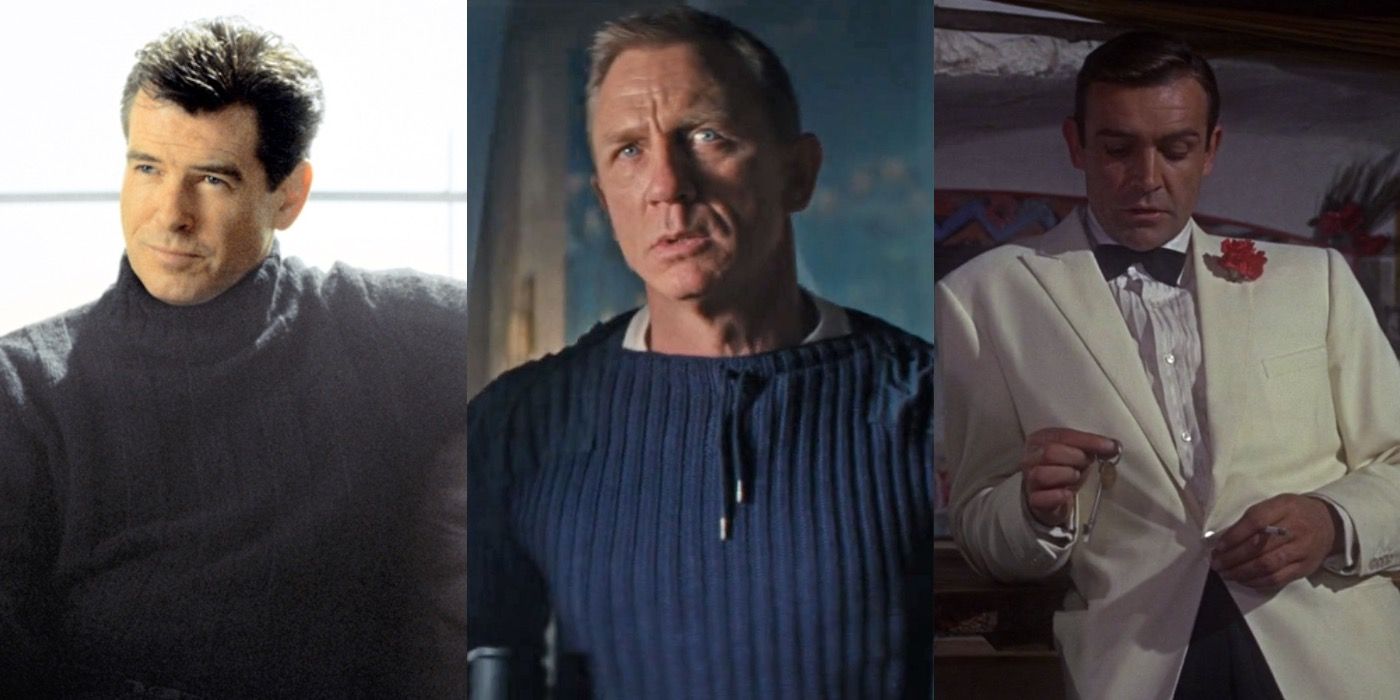 Pierce Brosnan, Daniel Craig and Sean Connery in a split image of James Bond actors