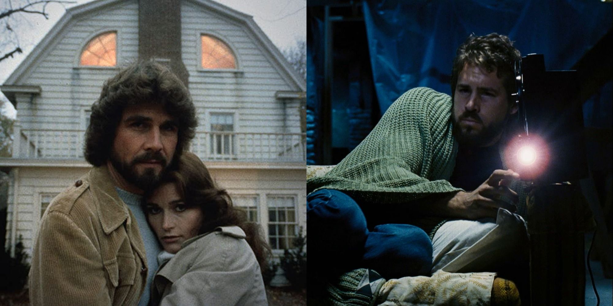 James Brolin and Margot Kidder huddled together outside the house in The Amityville Horror 1979 and Ryan Reynolds huddled by a projector in The Amityville Horror 2005