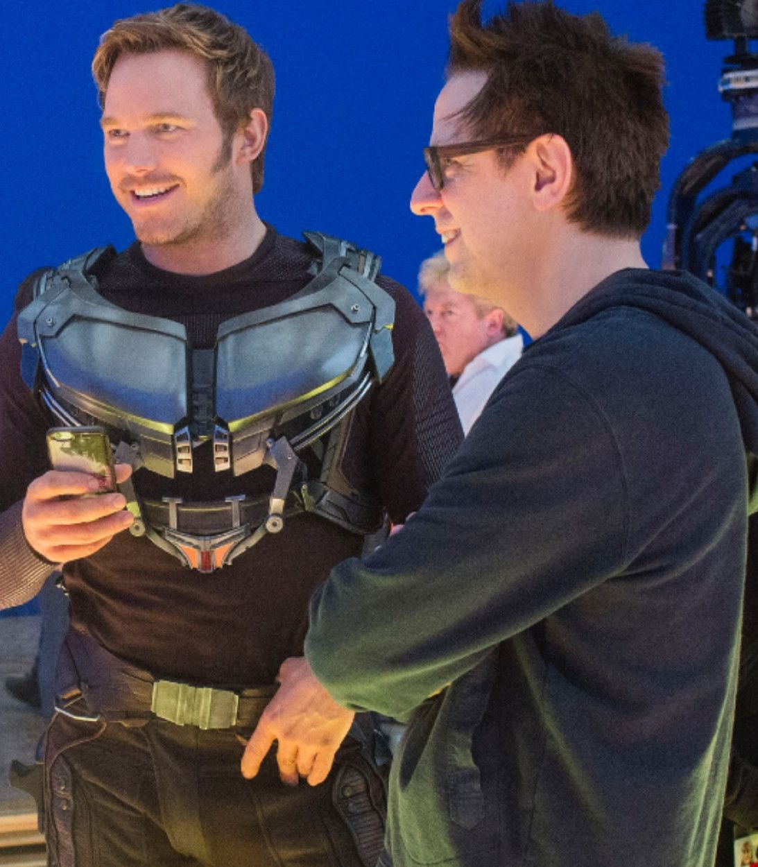 James Gunn and Chris Pratt Guardians of the Galaxy set Vertical