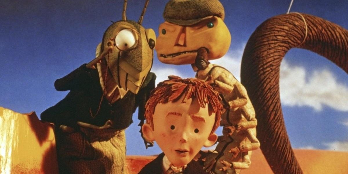 In James and the Giant Peach, a boy escapes his two mean guardians with the help of giant talking bugs by sailing on a floating stories-tall peach.