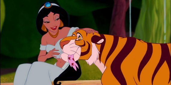 Jasmine stroking Rajah as he has a piece of love hearts underwear in his mouth in Aladdin