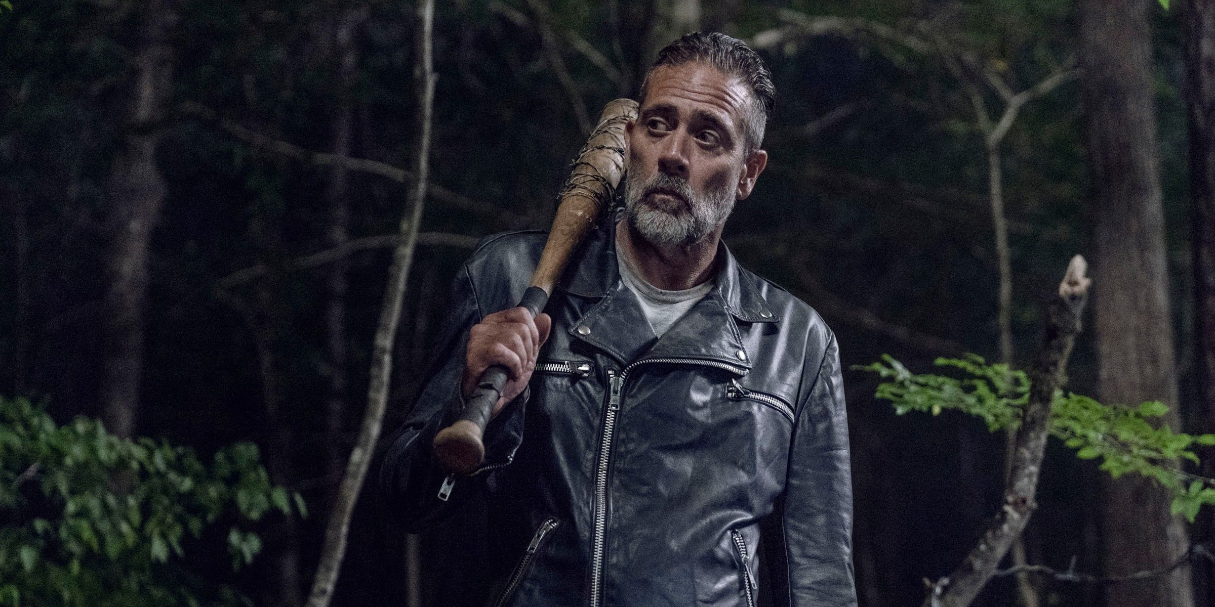 Jeffrey Dean Morgan as Negan in The Walking Dead with Lucille on his shoulder