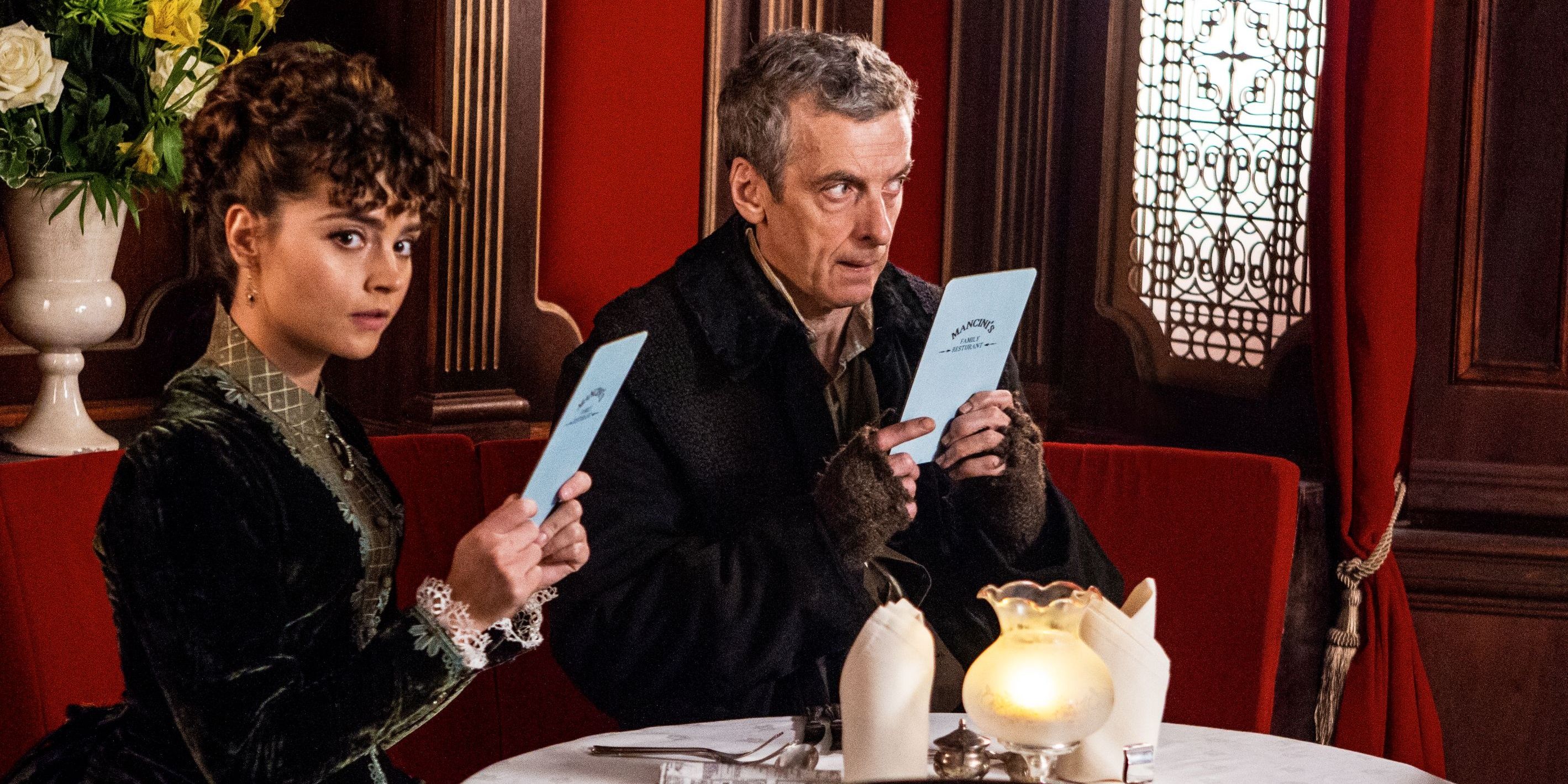 Clara and Twelve look at menus in Deep Breath.