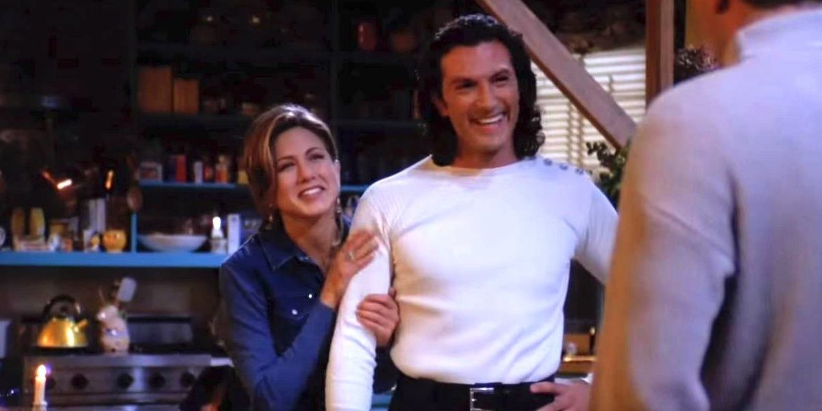 Rachel and Paolo standing in Monica's kitchen in Friends