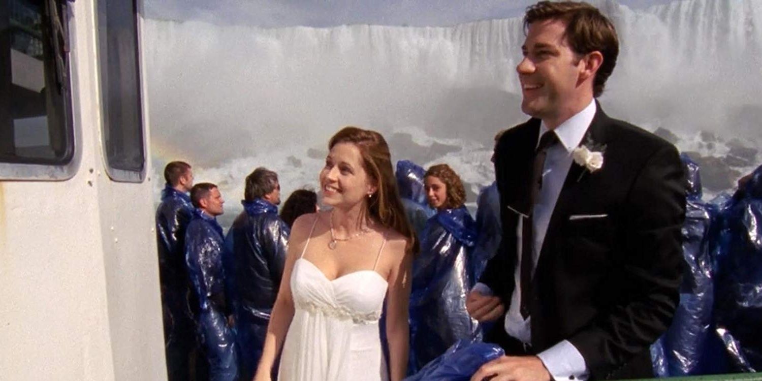 Jim and Pam on their wedding day at Niagara Falls in The Office