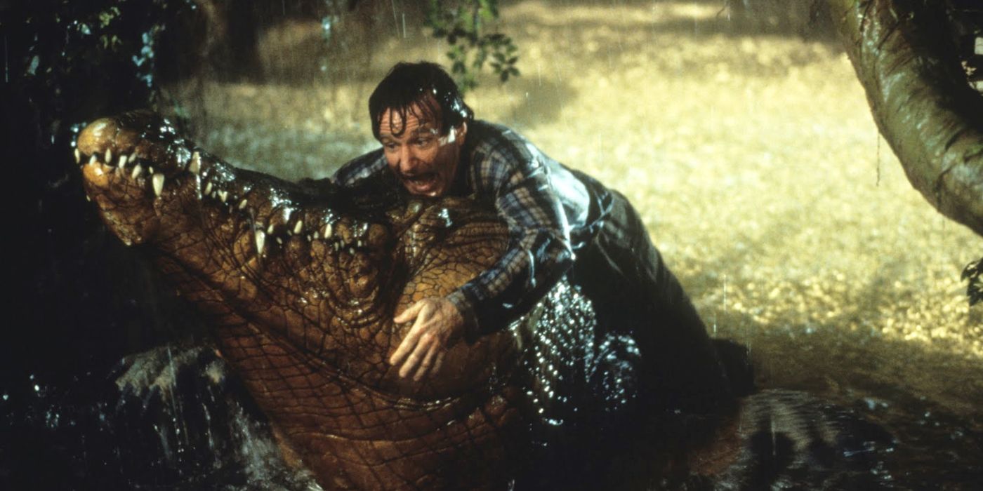 Robin Williams on a crocodile in Jumanji 