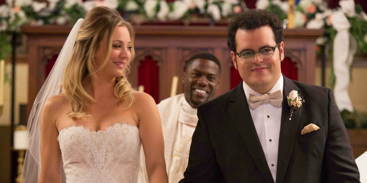 Kaley Cuoco and Josh Gad about to get married with Kevin Hart looking on in The Wedding Ringer