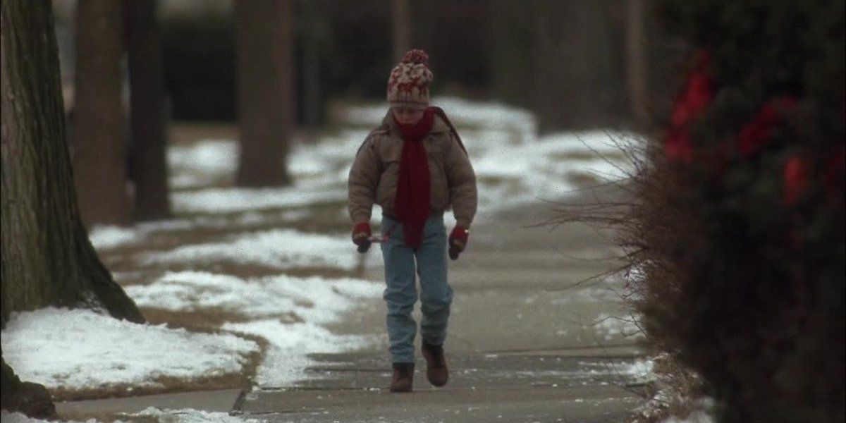 Kevin walking home after taking the toothbrush in Home Alone.