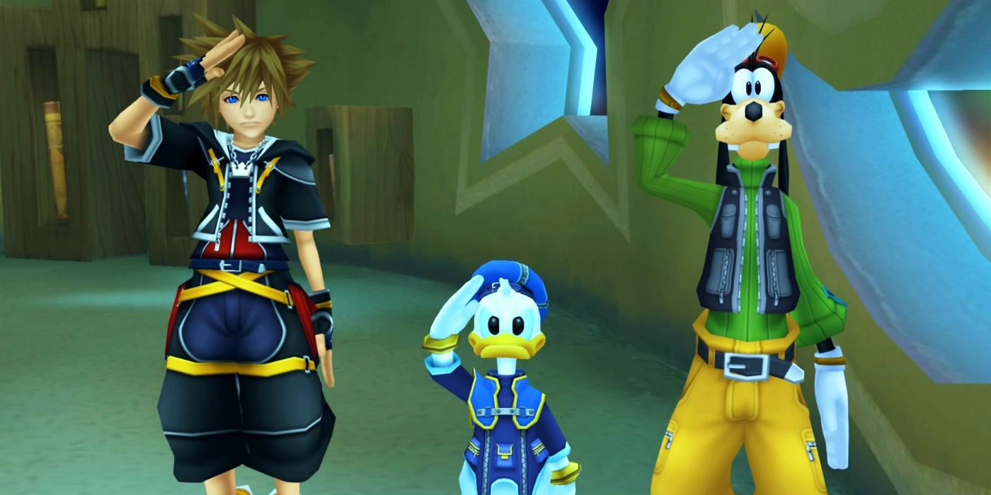 Sora, Donald, and Goofy salute in Kingdom Hearts II