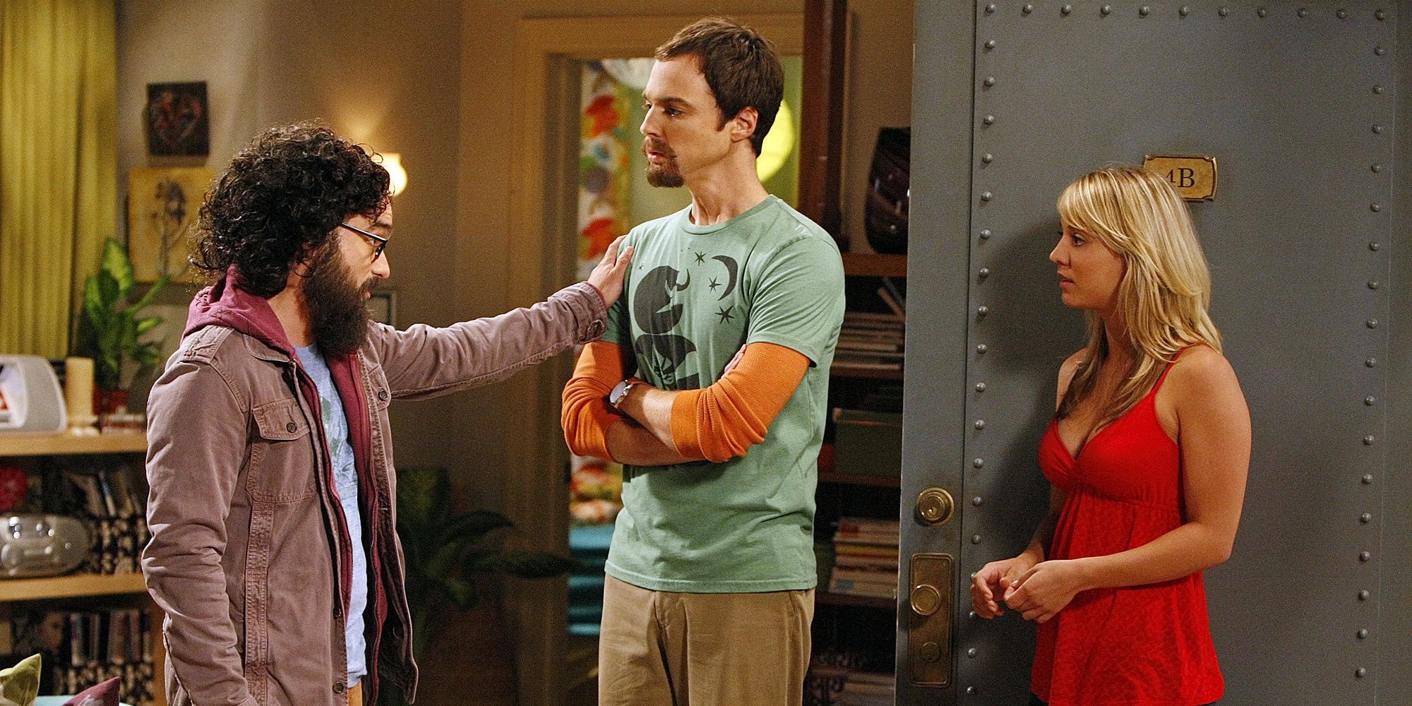 Leonard and Sheldon about to hug in front of Penny