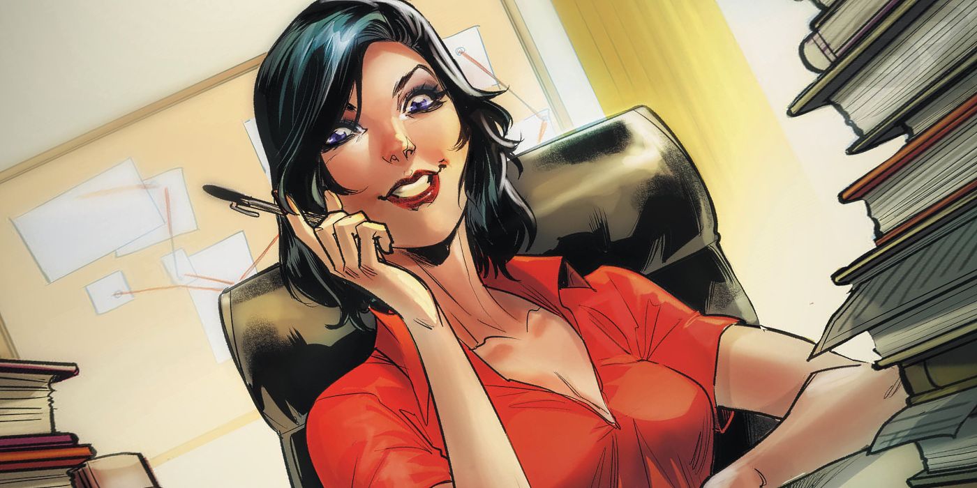 Lois Lane smiling at her desk in DC Comic Book