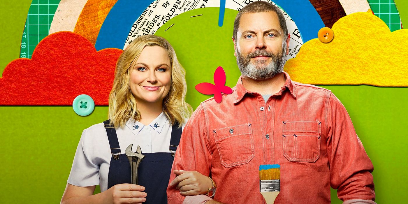 Amy Poehler and Nick Offerman pose for a promotional photo for Making It Season 2