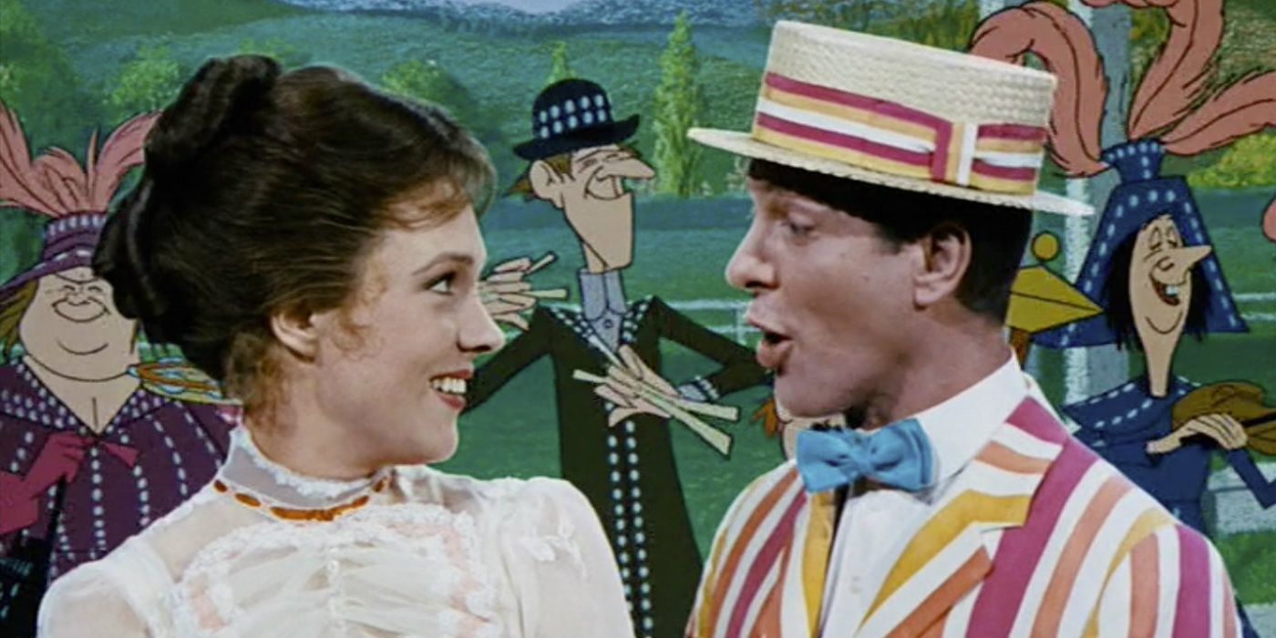 Mary Poppins and Bert smiling in front of an animated screen in Mary Poppins.
