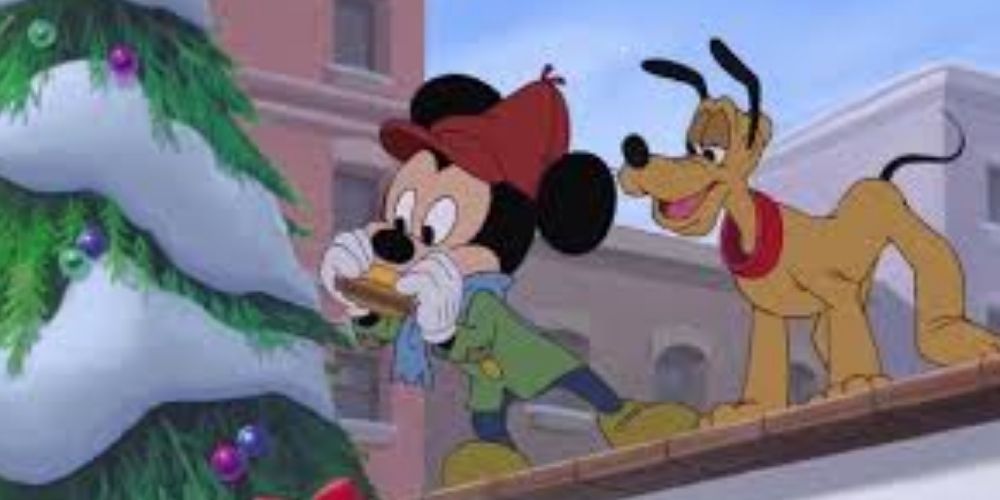 Mickey playing a song with Pluto outside in Mickey's Once Upon A Christmas
