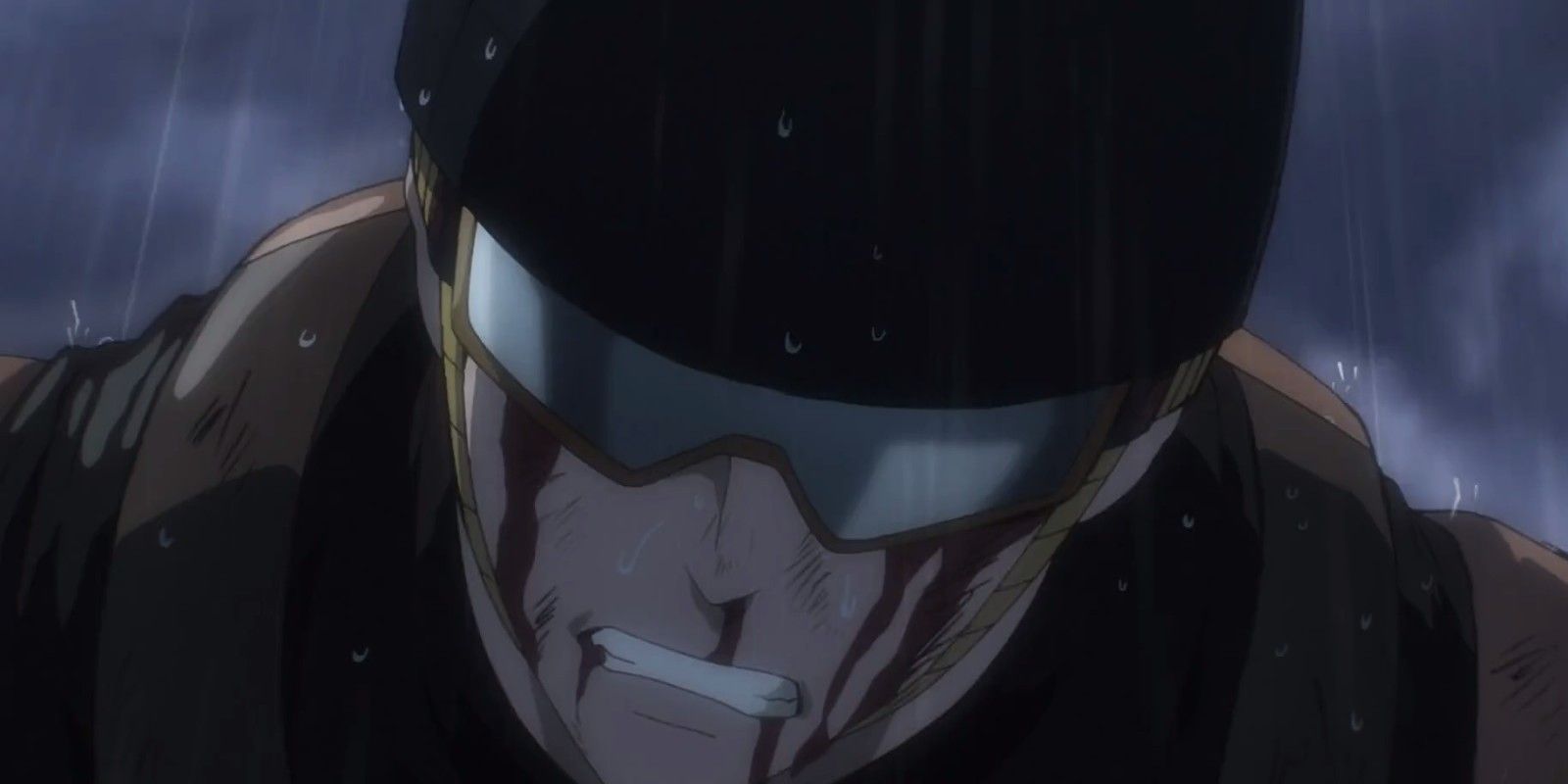 Mumen Rider standing under the rain, clenching his teeth with blood on his face in One-Punch Man.