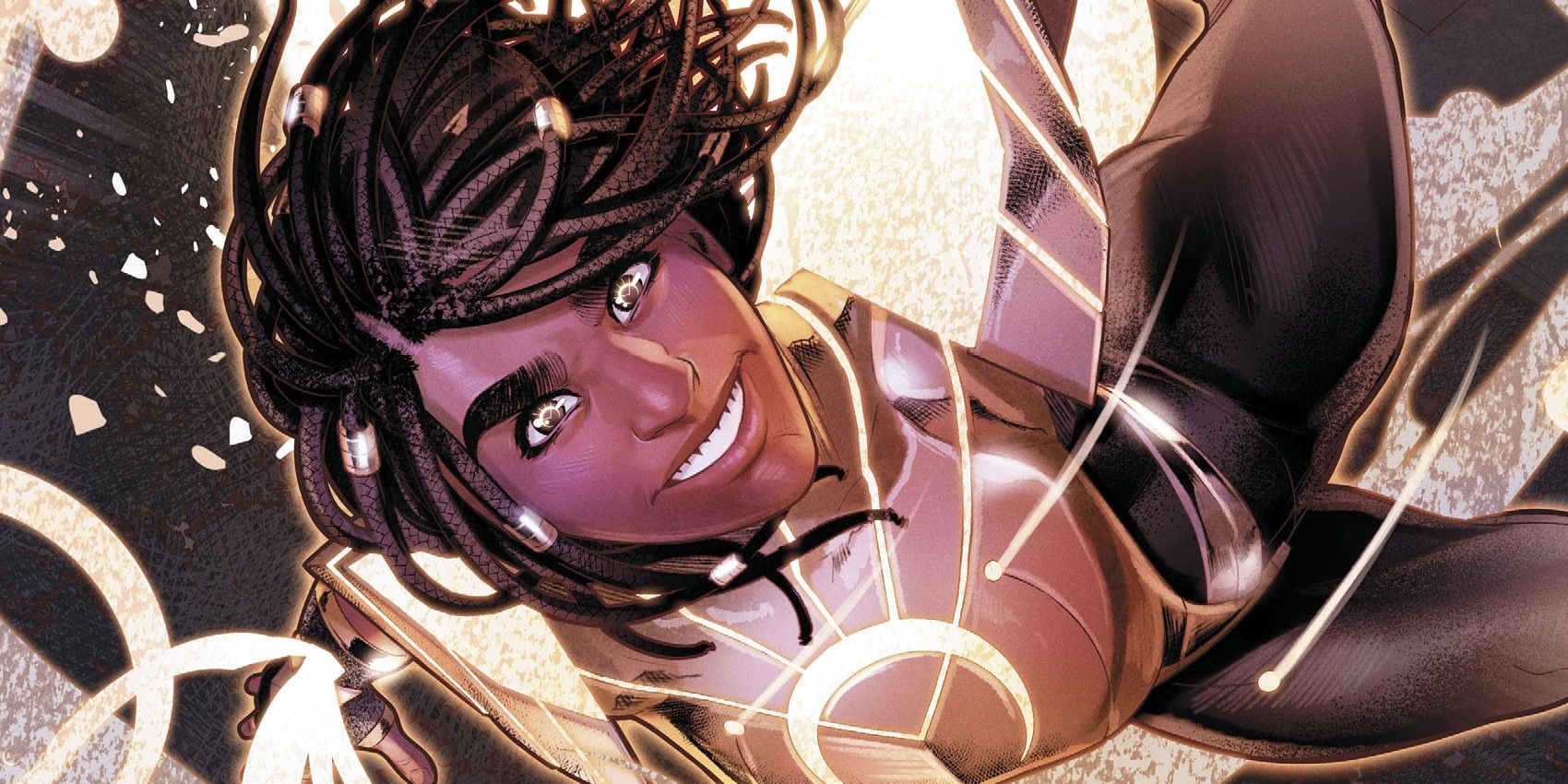 Naomi McDuffie aus DC Comics, umgeben von goldenem Licht