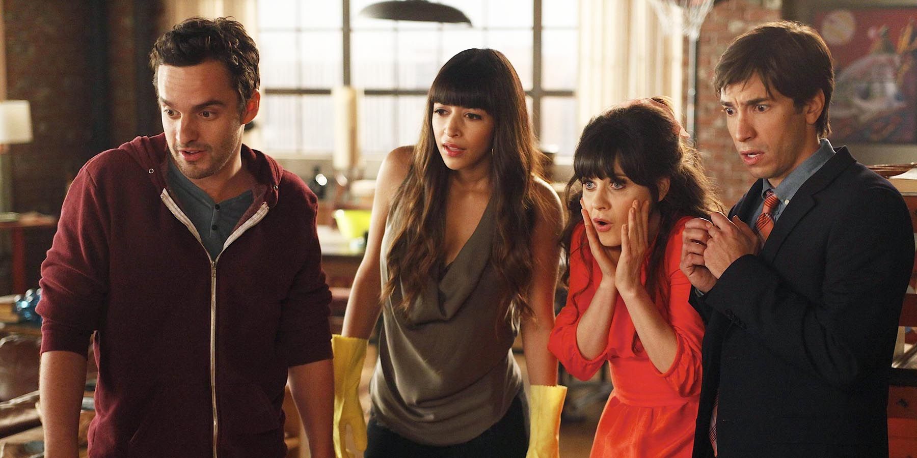 New Girl characters look shocked on Thanksgiving