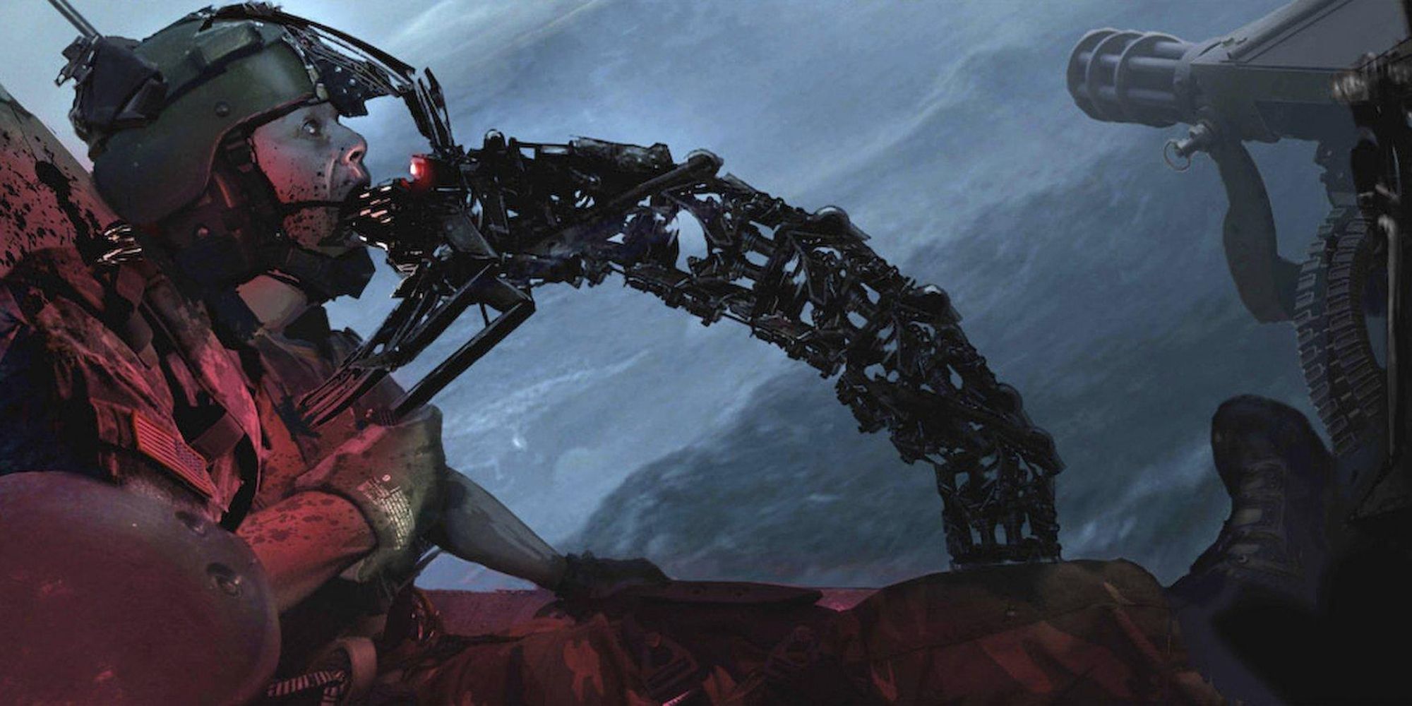 Official concept art of a Hydrobot grabbing a Resistance pilot in Terminator Salvation