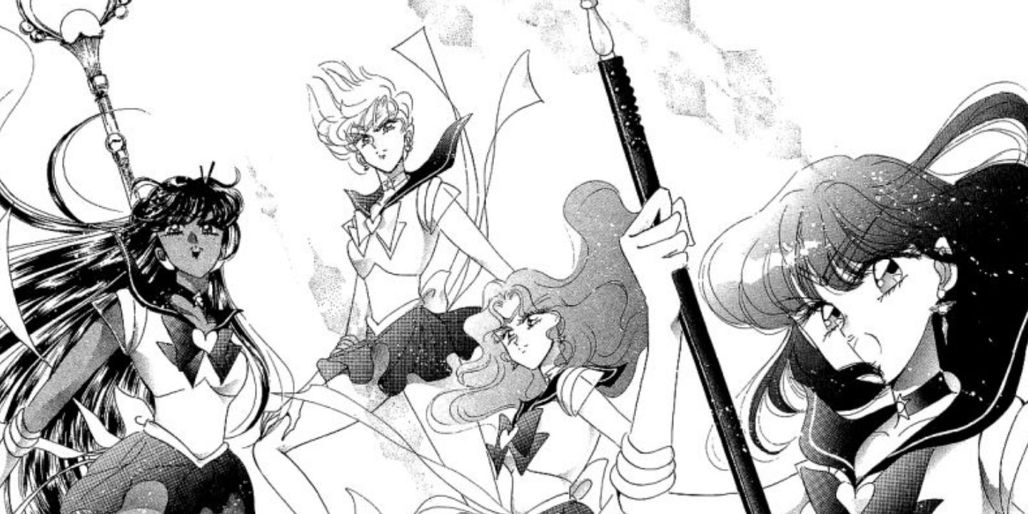 The Outer Senshi appear in a black and white drawing from the Sailor Moon Manga