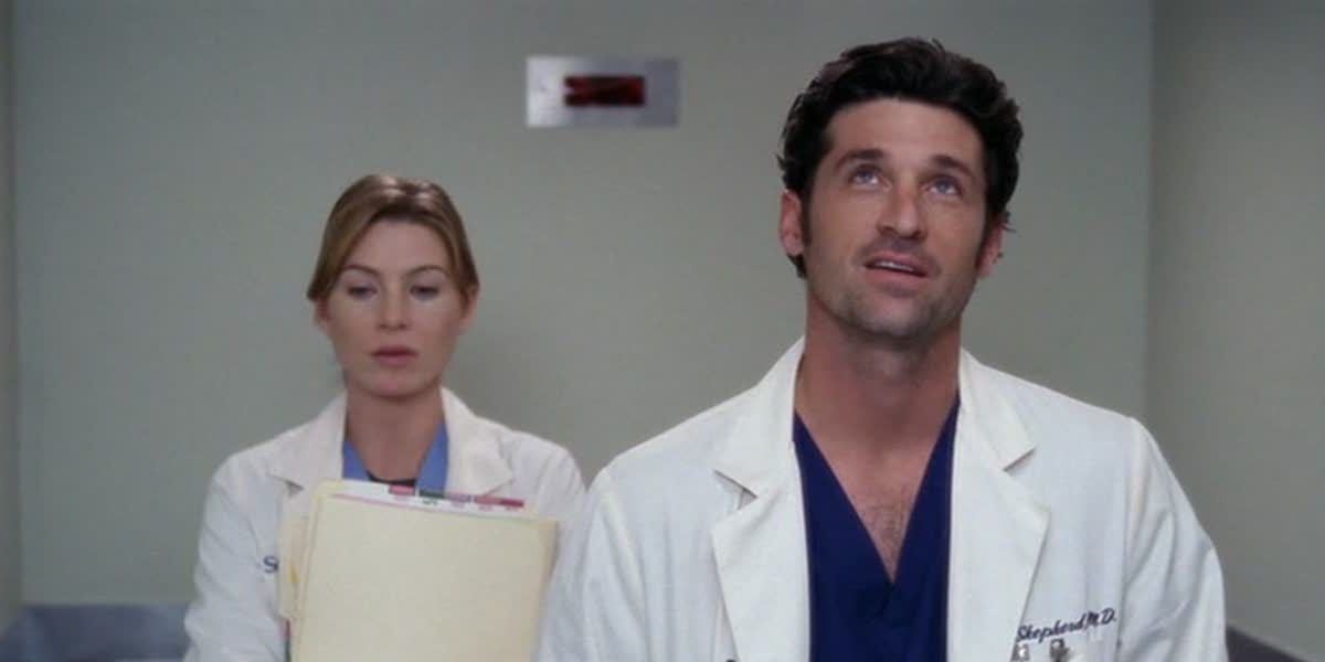 Meredith and Derek in an elevator in Grey's Anatomy