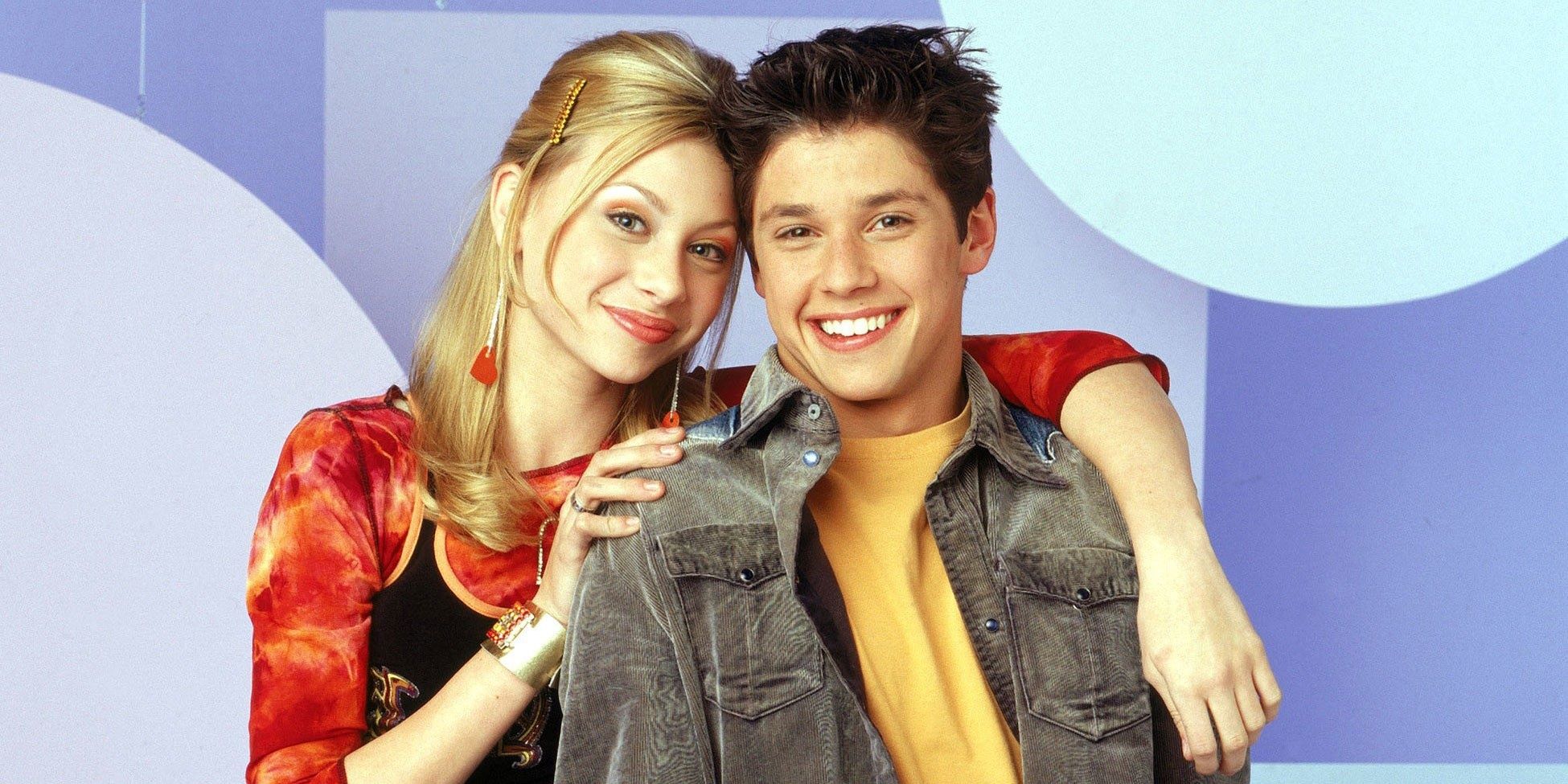 Keely rests her arm on the shoulder of a smiling Phil in a promo photo for Phil of the Future