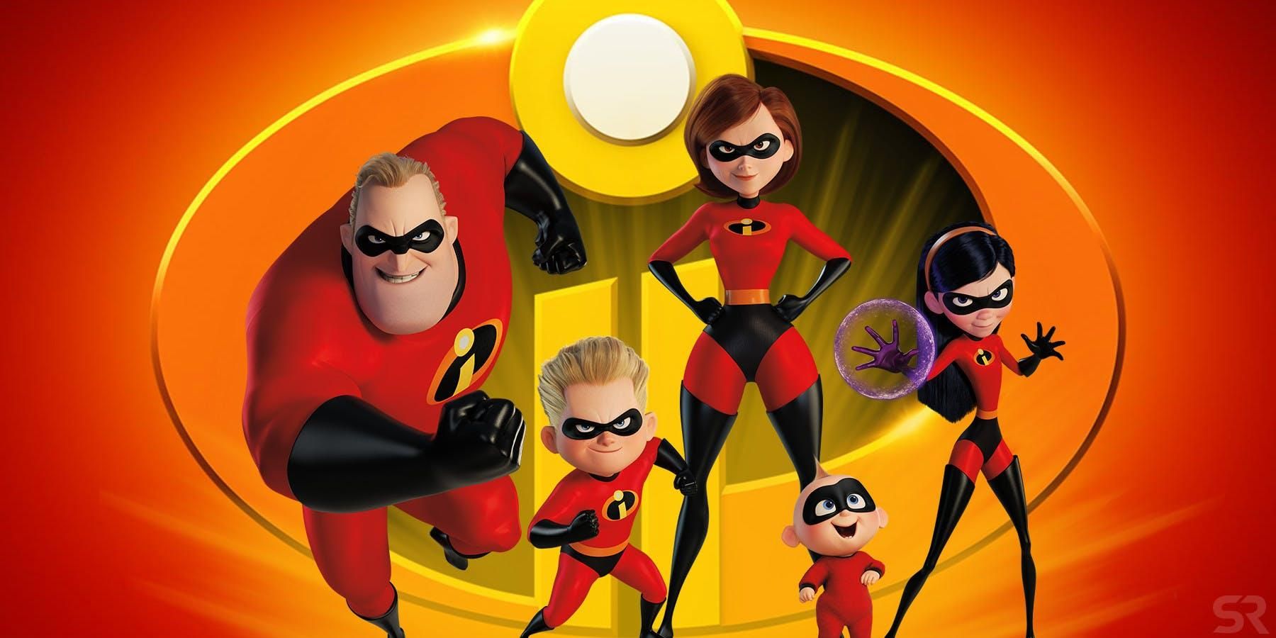 The Incredibles family standing in front of their logo