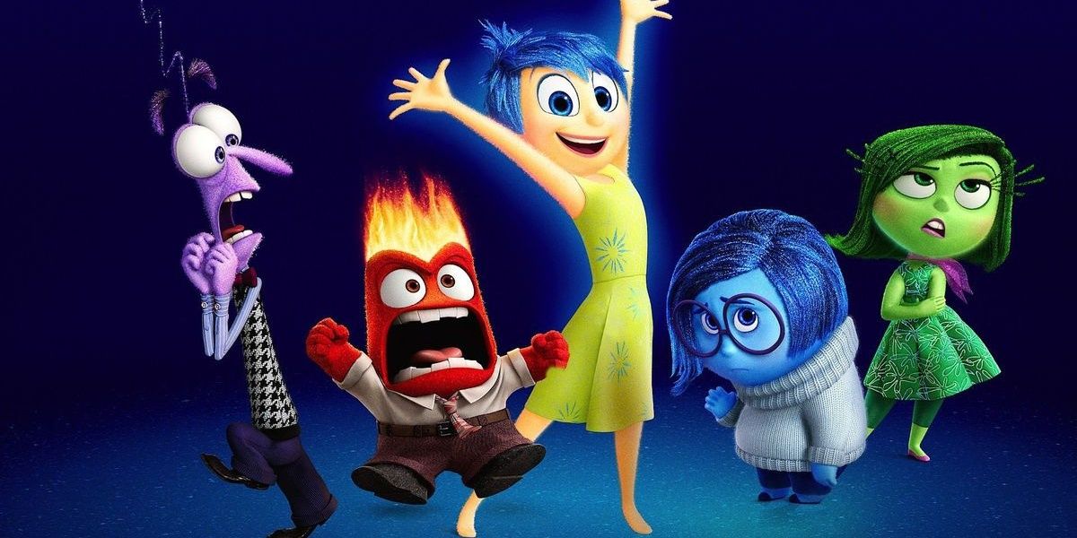Fear, Anger, Joy, Sadness and Disgust lined u in a promo image for Inside Out