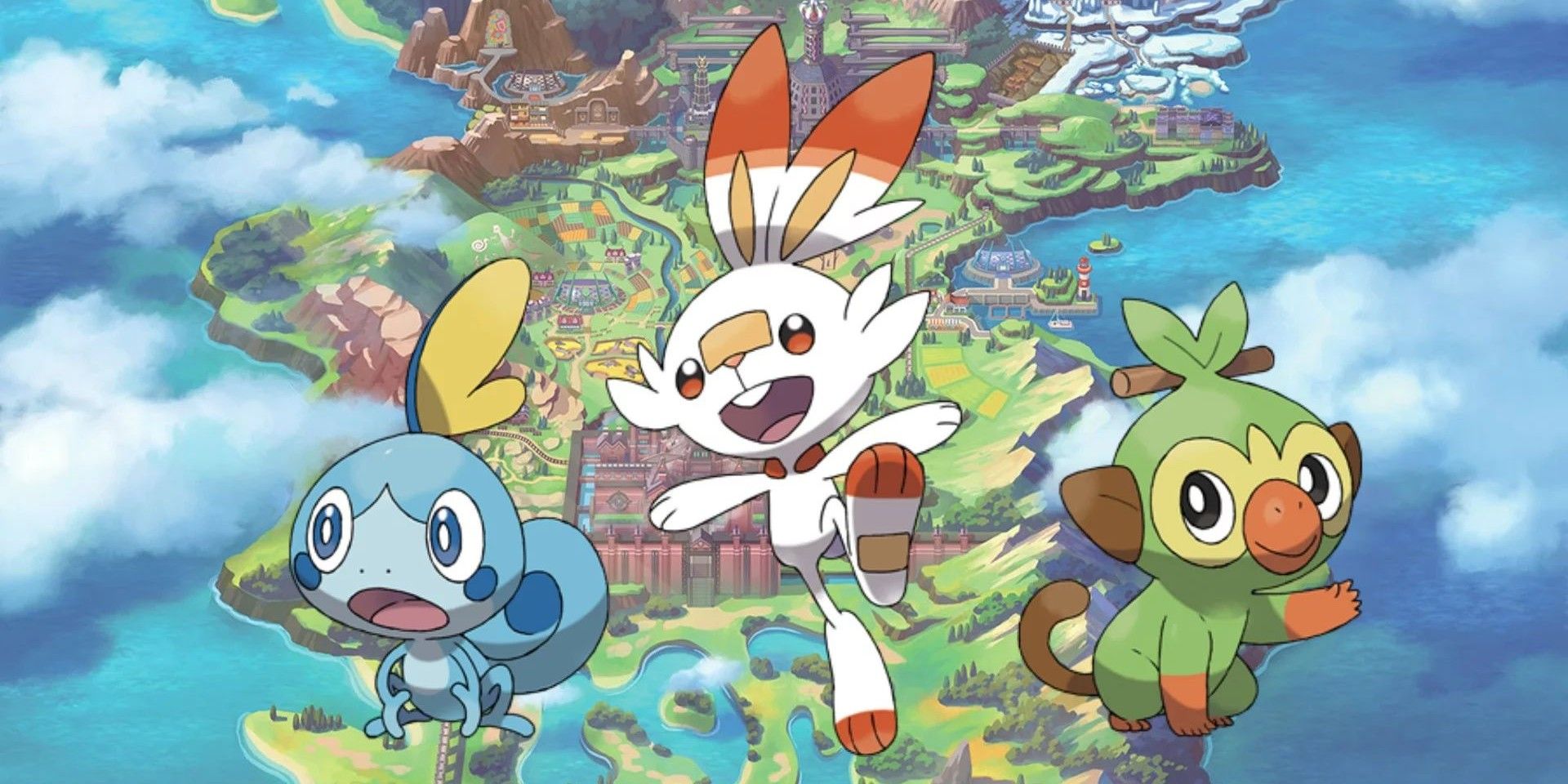 Pokémon Sword and Shield's three starters over a map of Galar.