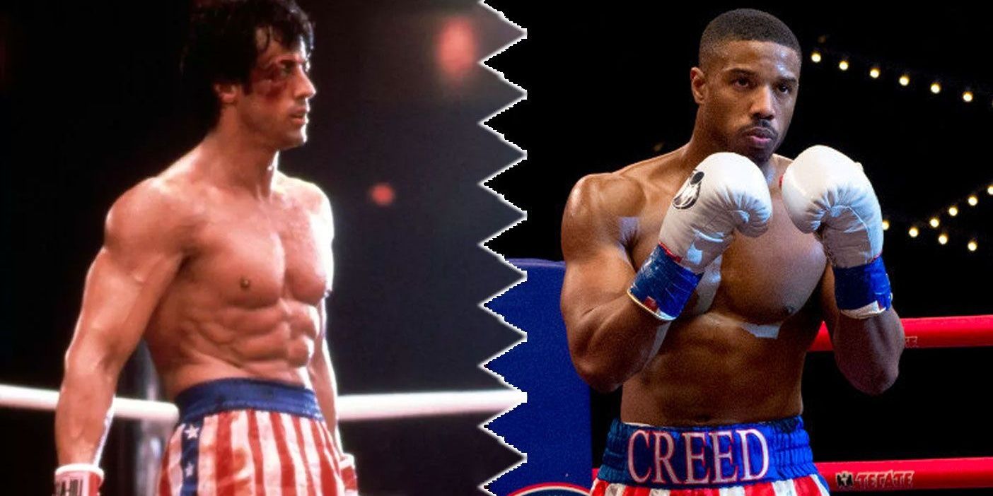 Two split images from Rocky and Creed with two boxers in the ring