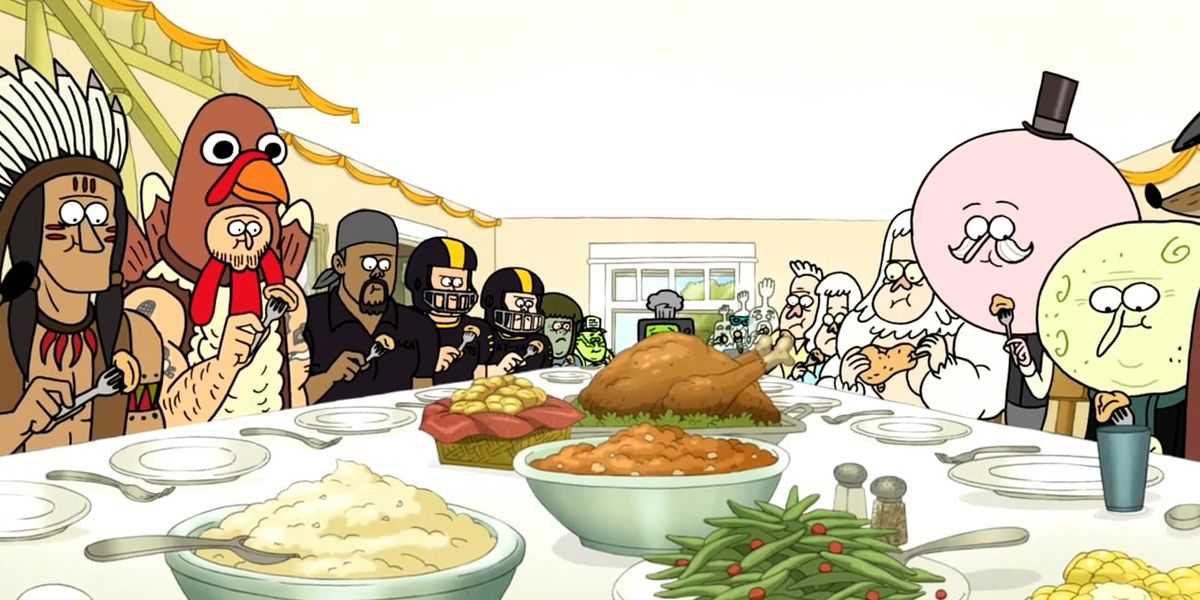 Pops Maellard and guest sitting around table in Regular Show