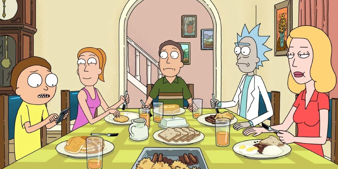The Smith family having dinner with Morty