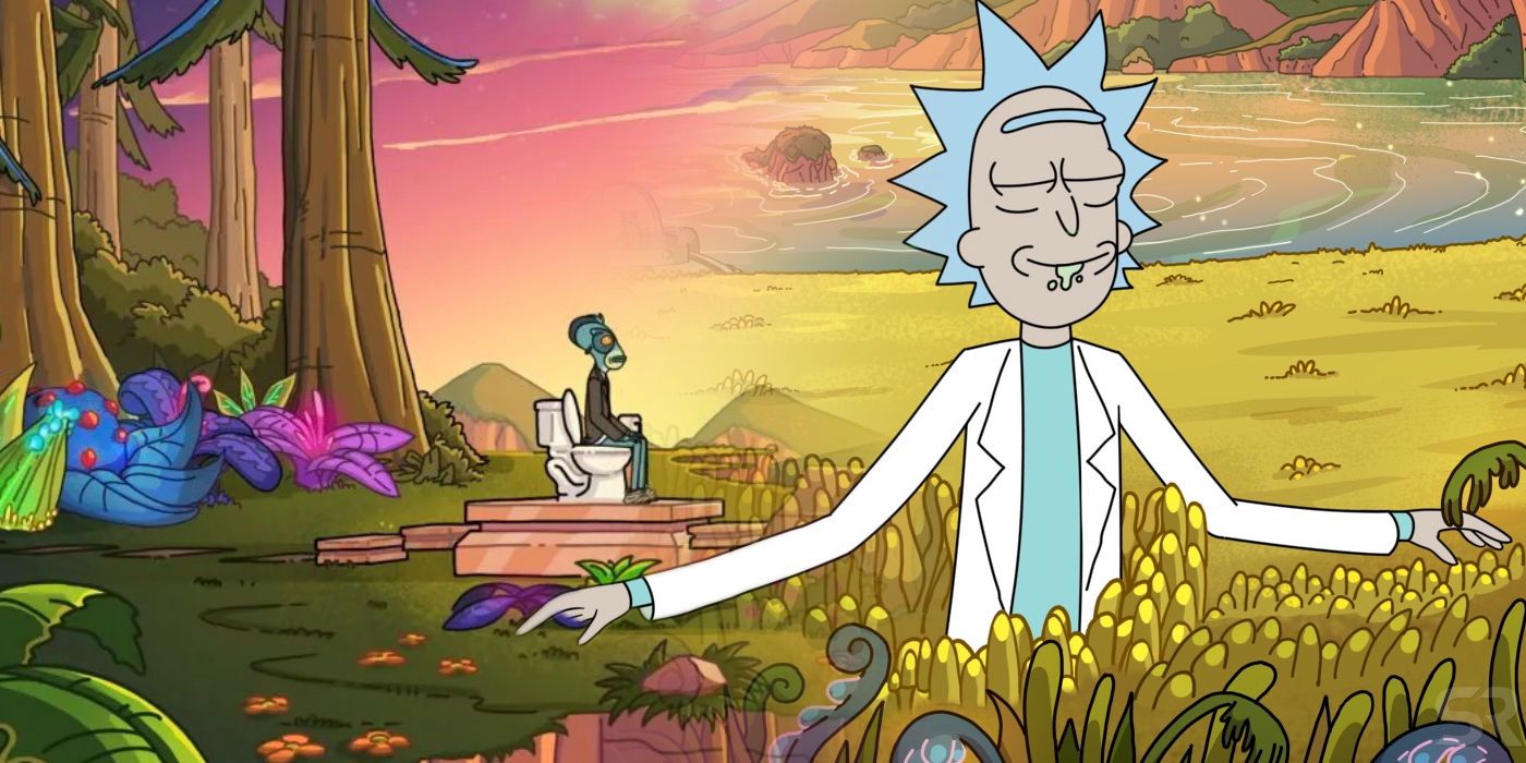 Rick looking pleased surrounded by nature in Rick and Morty