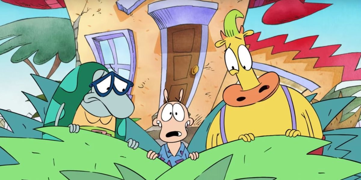 Rocko and Heffer hiding behind a bush in Rocko&rsquo;s Modern Life