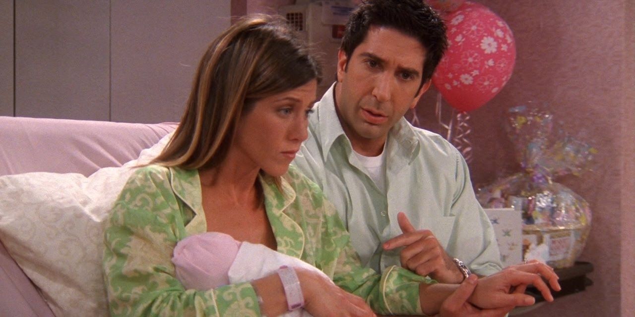 Ross and Rachel at the hospital with a newborn Emma in Friends