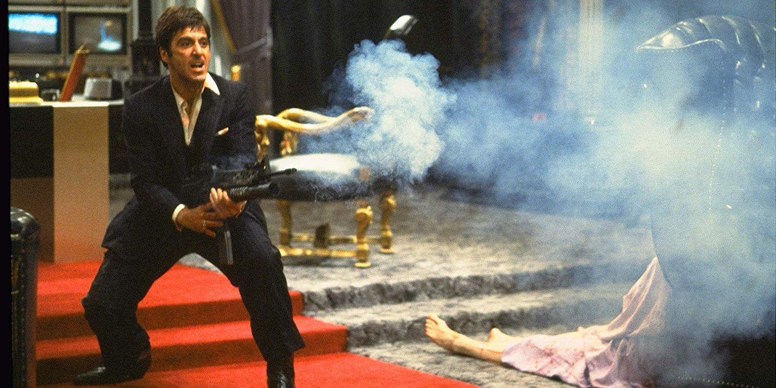 Tony Montana shoots a machine gun in Scarface.