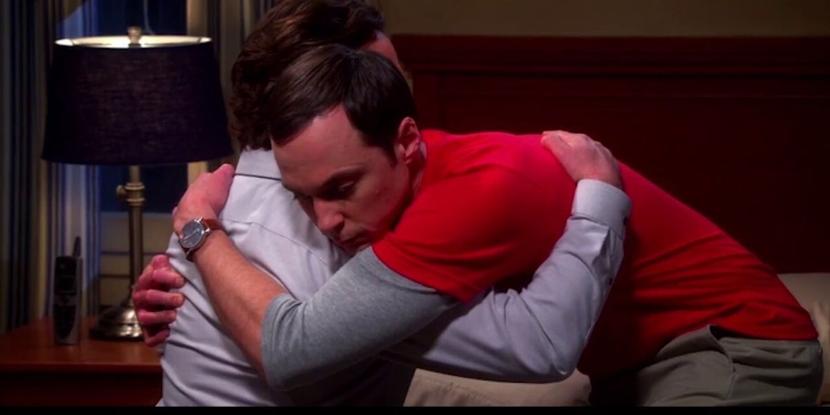 Sheldon hugs leonard after professor proton died on the Big Bang theory
