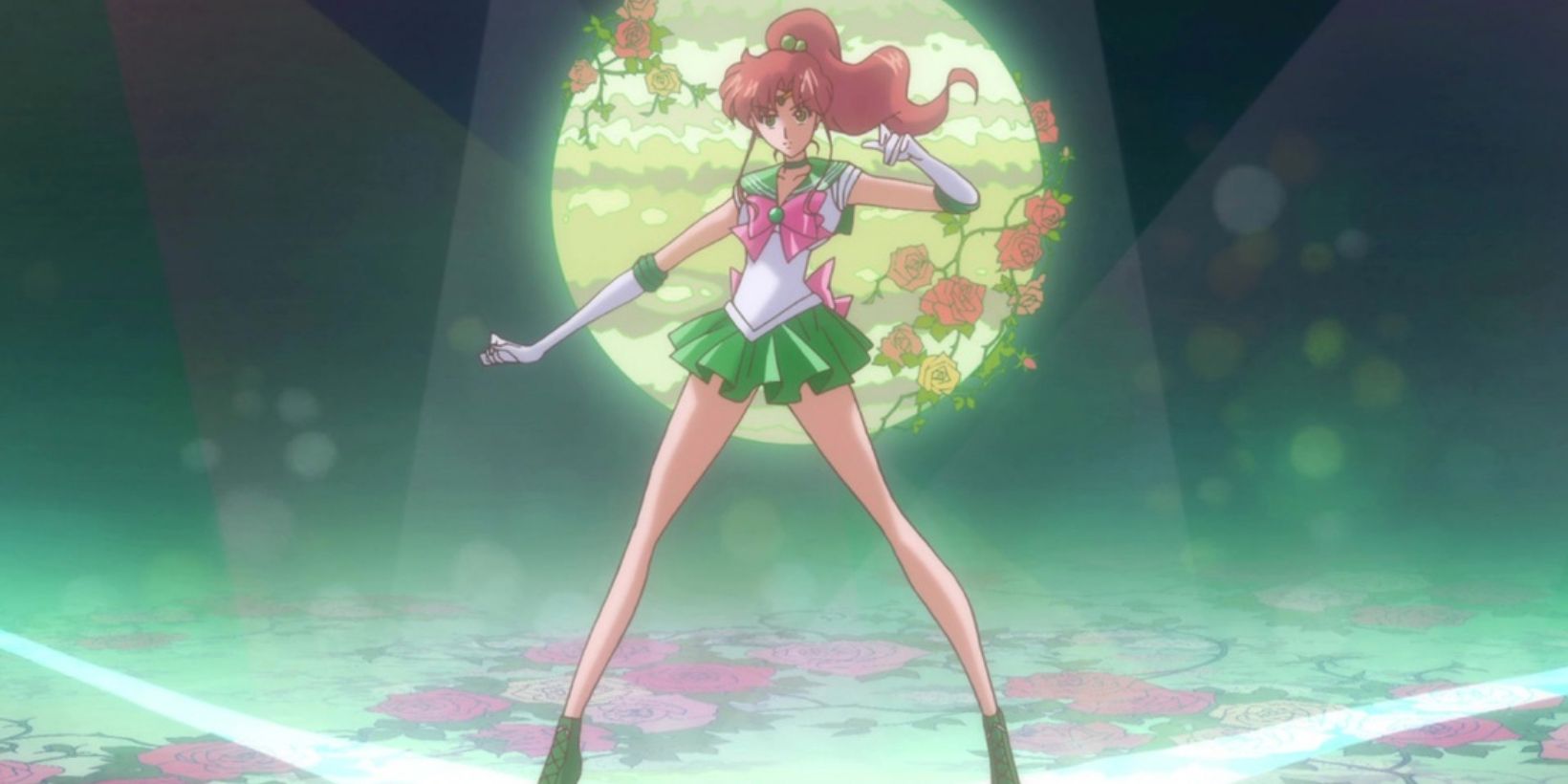 Sailor Jupiter stands at the end of her Senshi transformation in Sailor Moon Crystal