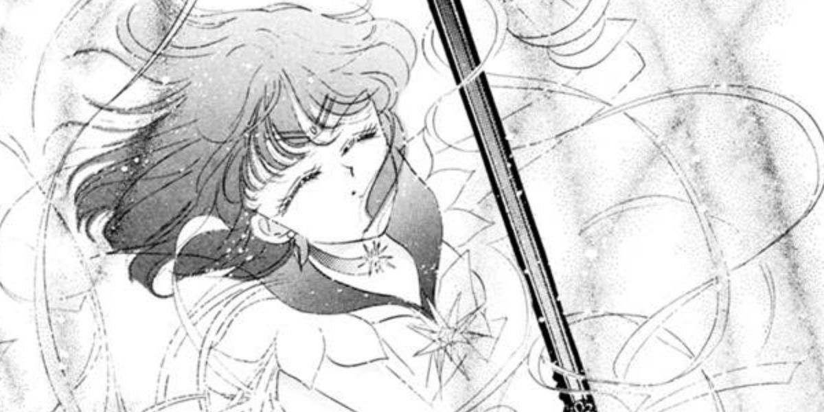 Sailor Saturn as she appears in a black and white drawing for the Sailor Moon manga