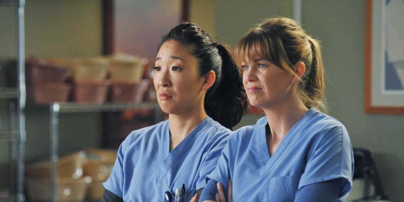 Sandra Oh and Ellen Pompeo as Cristina Yang and Meredith Grey in Grey's Anatomy