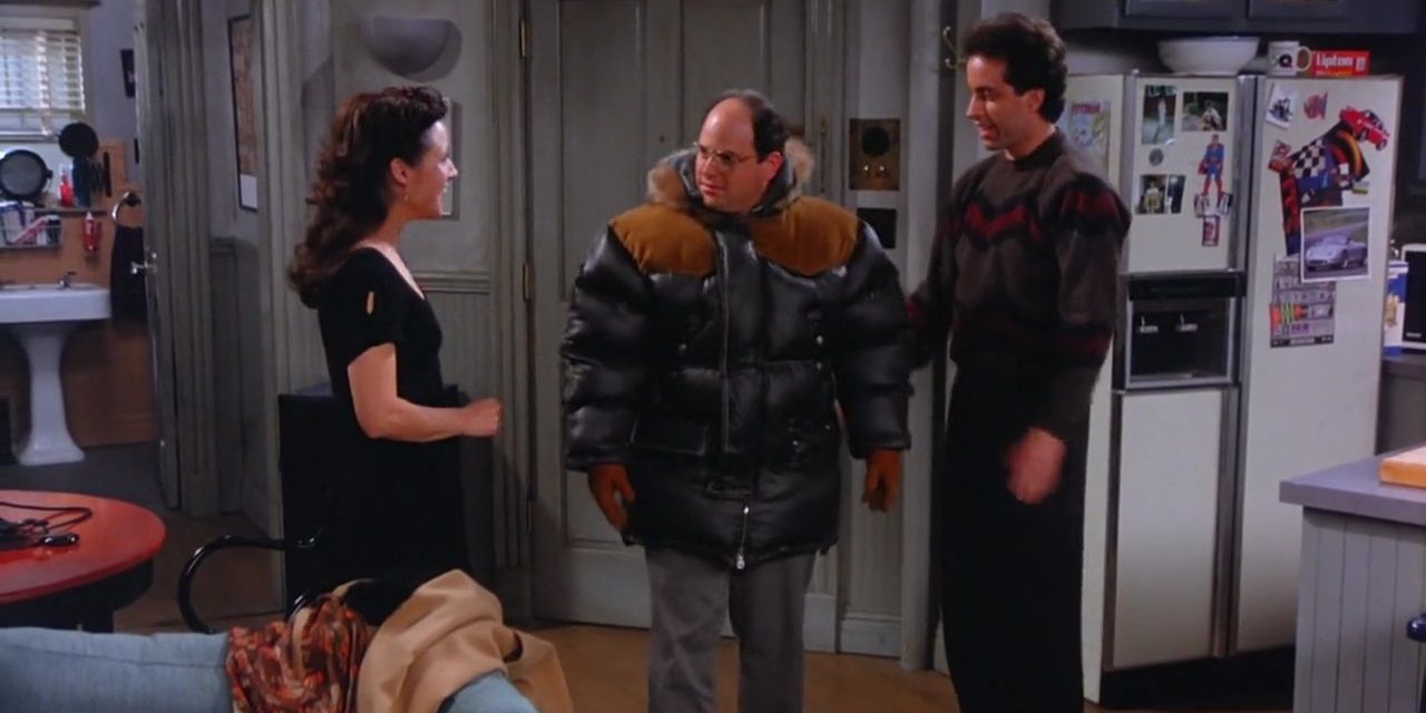 George walking into Jerry's apartment with his big jacket and Jerry and Elaine laughing at him.