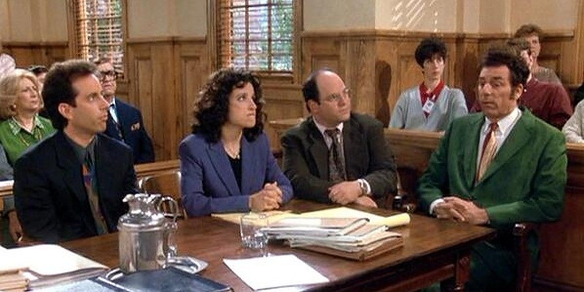 Jerry, Elaine, George e Kramer no julgamento em Seinfeld