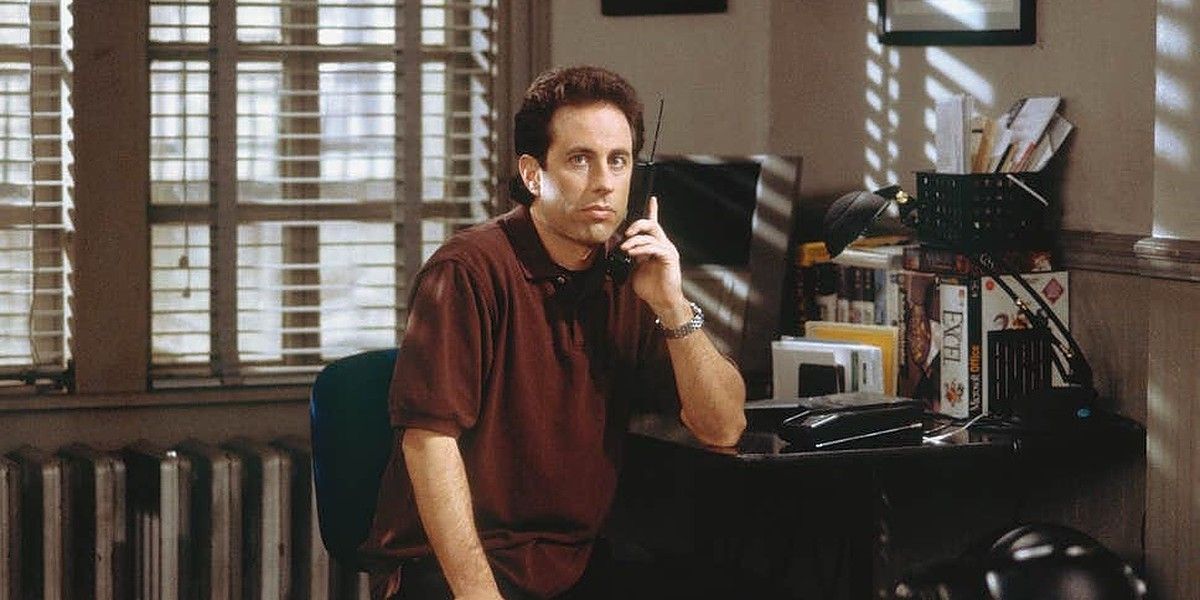 Jerry looking confused while on the phone in Seinfeld
