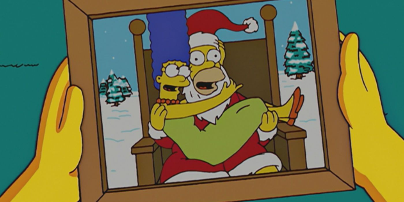 Picture of Marge sitting of Santa Homer's lap in The Simpsons