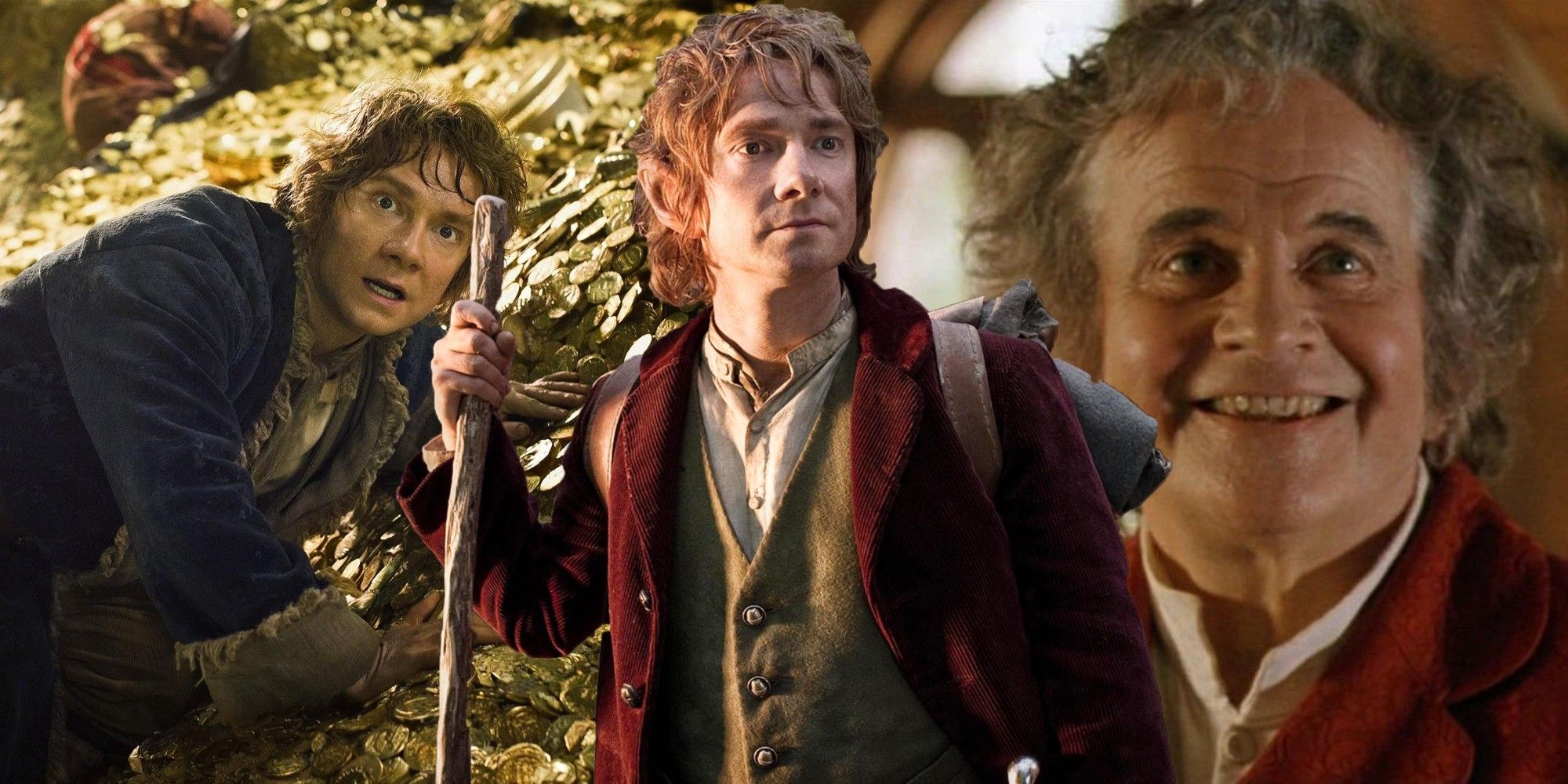 Split image of Martin Freeman and Ian Holm as Bilbo Baggins in The Lord of the Rings and Hobbit movies