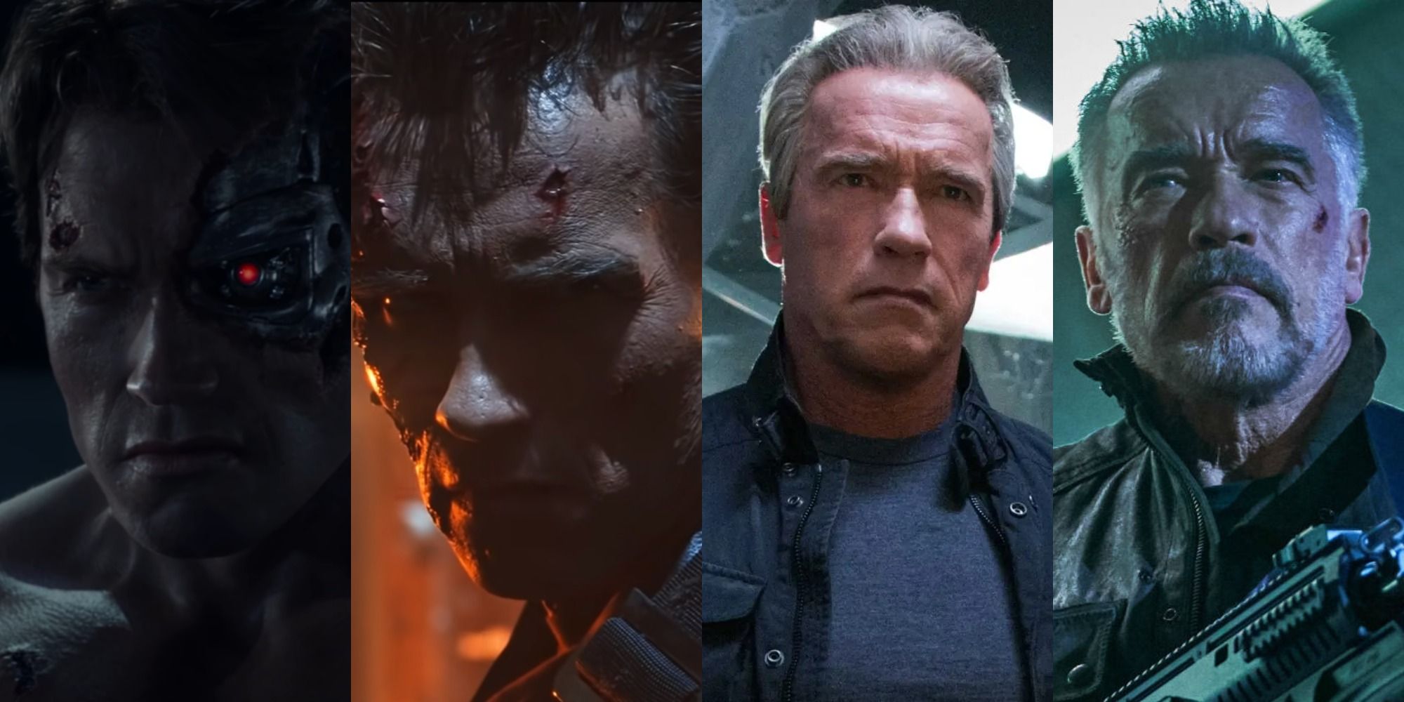 Split image of the T-800 Terminator in various Terminator movies