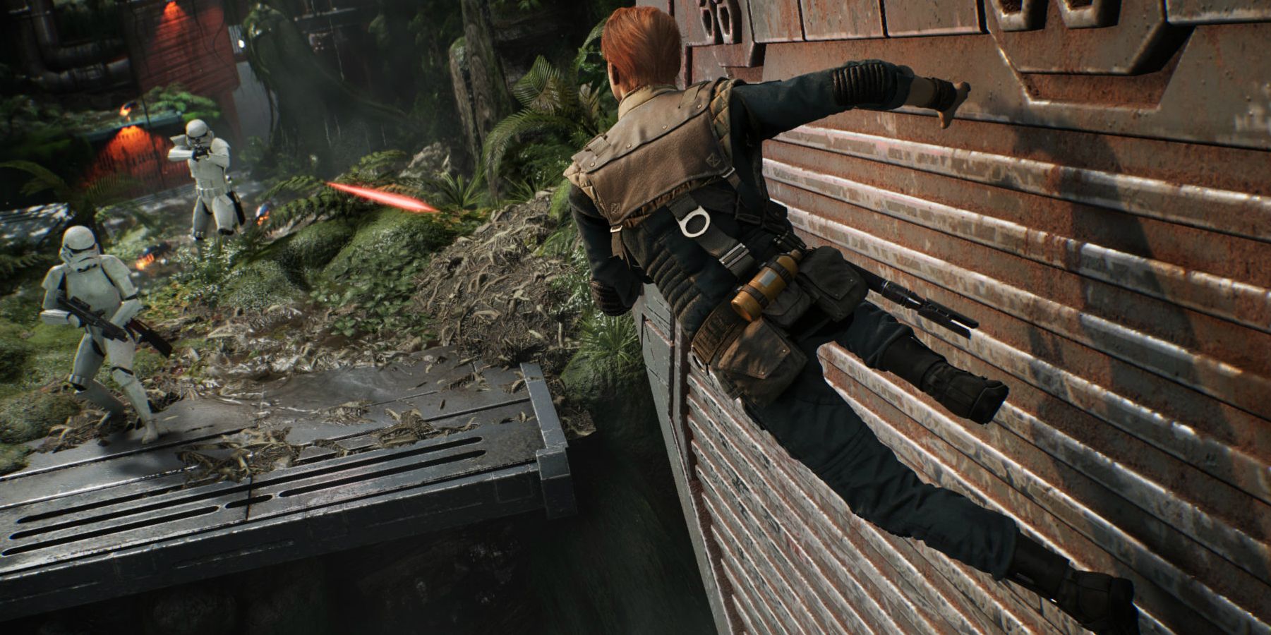 Cal Kestis doing a wall-run in Star Wars Jedi: Fallen Order