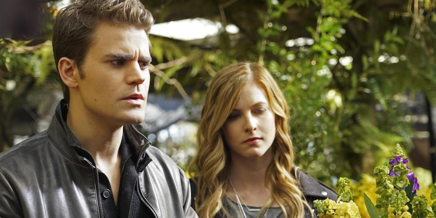 Stefan and Valerie in a garden in The Vampire Diaries