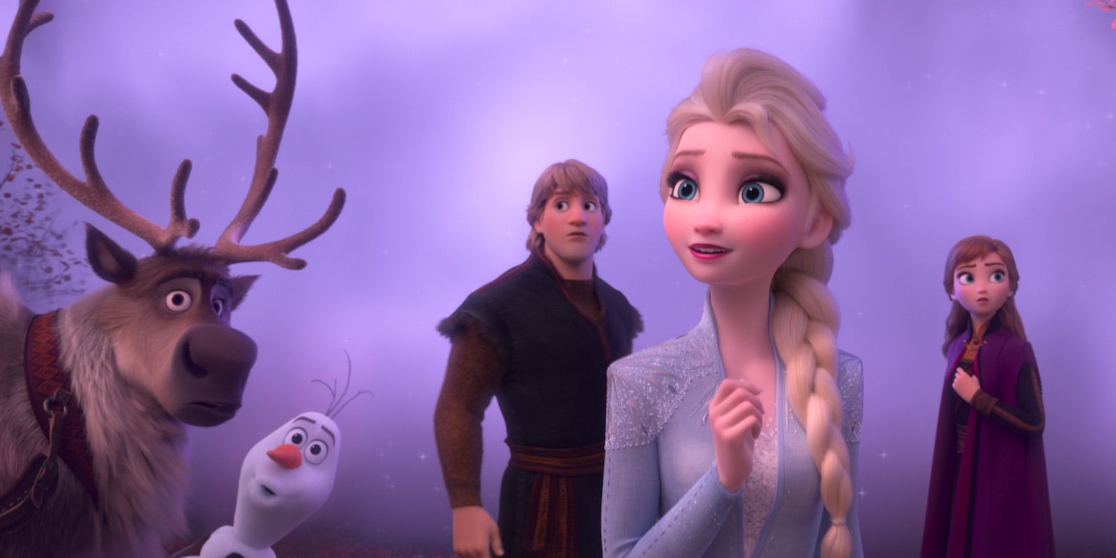 Sven, Olaf, Kristoff, Elsa and Anna in Frozen 2