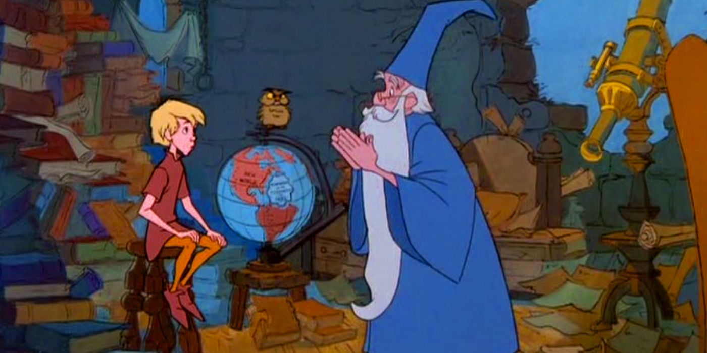 Merlin speaking with Arthur in Sword in the Stone